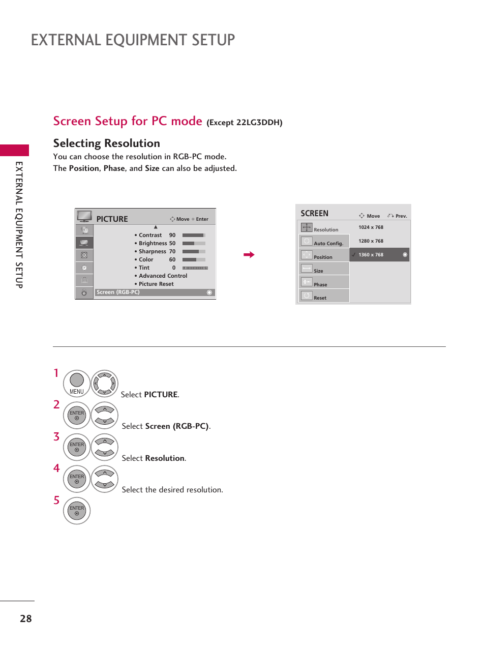 External equipment setup, Screen setup for pc mode, Selecting resolution | LG 42LD6DDH User Manual | Page 29 / 148