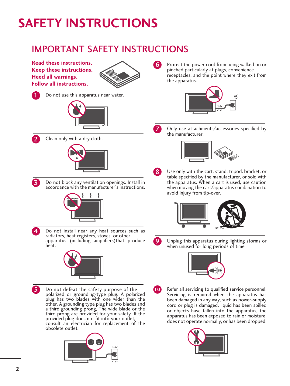 Safety instructions, Important safety instructions, Do not use this apparatus near water | Clean only with a dry cloth, Short-circuit breaker power supply | LG 42LD6DDH User Manual | Page 3 / 148