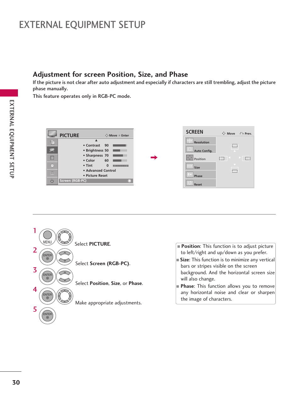 External equipment setup, Adjustment for screen position, size, and phase | LG 42LD6DDH User Manual | Page 31 / 148