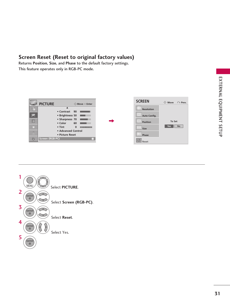 Screen reset (reset to original factory values) | LG 42LD6DDH User Manual | Page 32 / 148