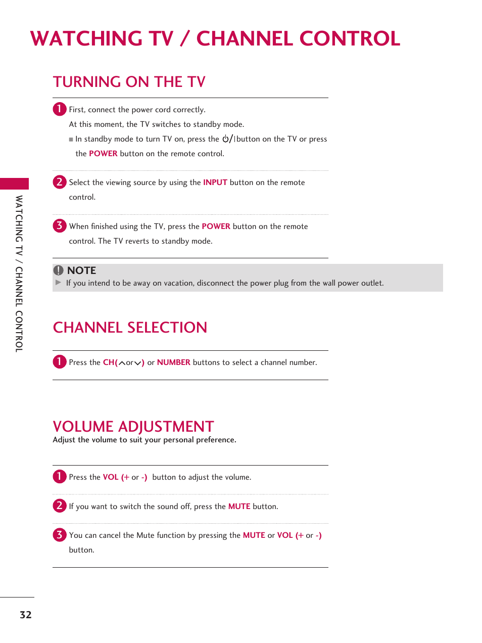 Watching tv / channel control, Turning on tv, Channel selection | Volume adjustment, Turning on the tv | LG 42LD6DDH User Manual | Page 33 / 148