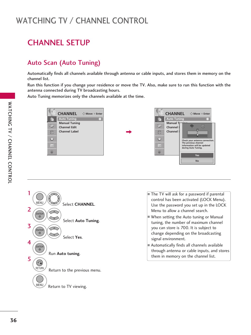 Channel setup, Auto scan (auto tuning), Watching tv / channel control | LG 42LD6DDH User Manual | Page 37 / 148