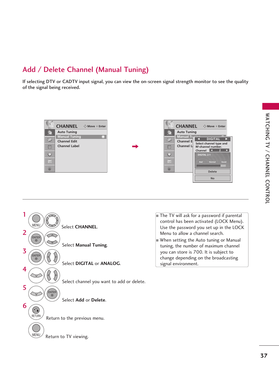 Add/delete channel (manual tuning), Add / delete channel (manual tuning) | LG 42LD6DDH User Manual | Page 38 / 148