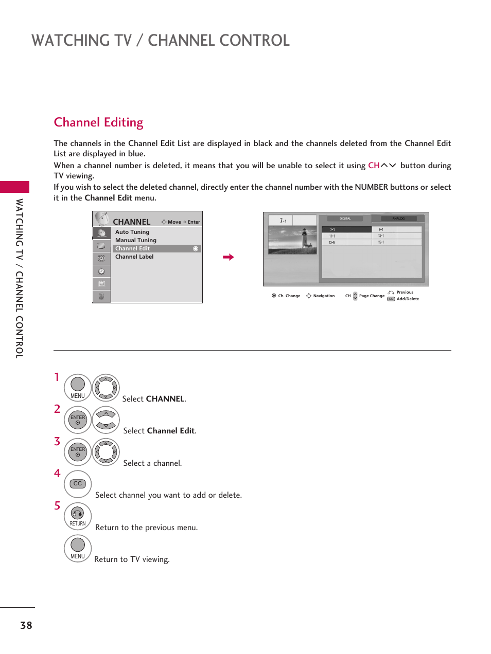 Channel editing, Watching tv / channel control | LG 42LD6DDH User Manual | Page 39 / 148