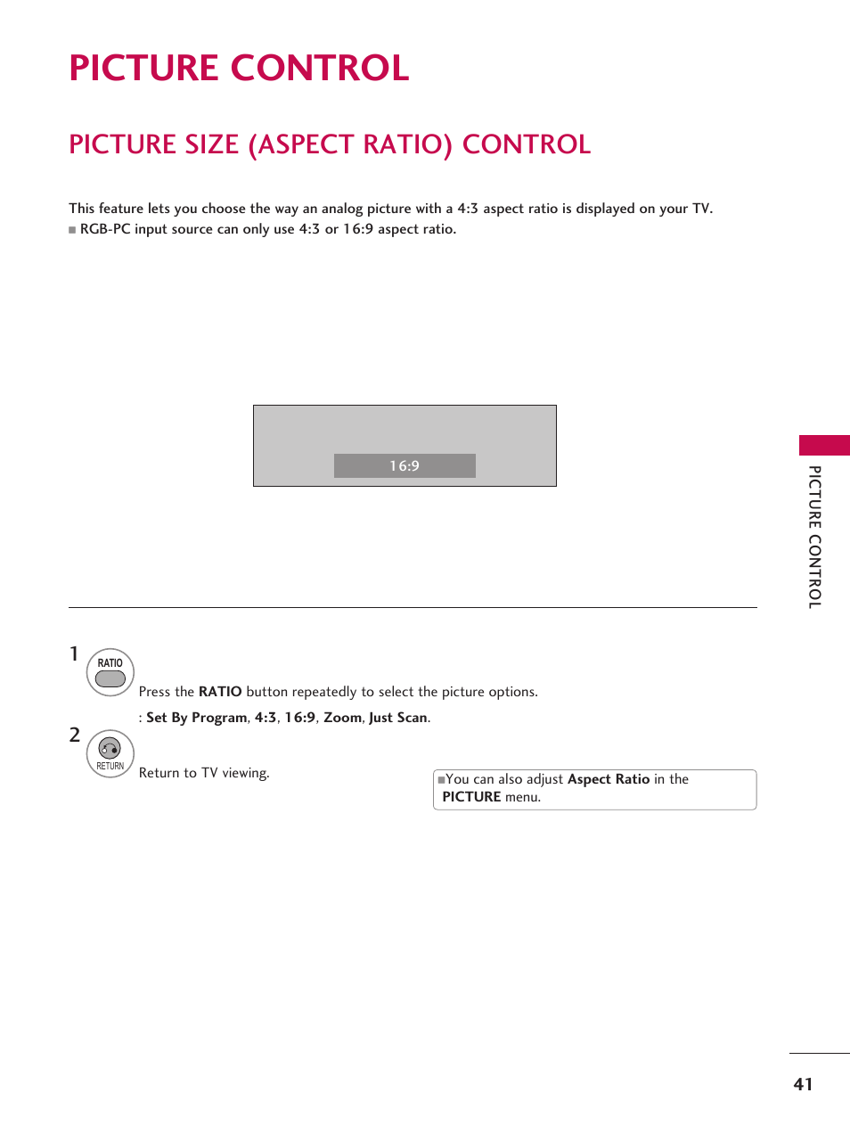 Picture control, Picture size (aspect ratio) control | LG 42LD6DDH User Manual | Page 42 / 148