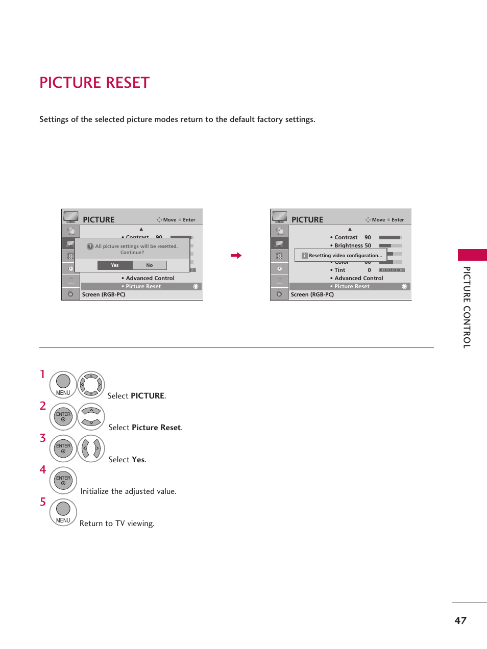 Picture reset | LG 42LD6DDH User Manual | Page 48 / 148
