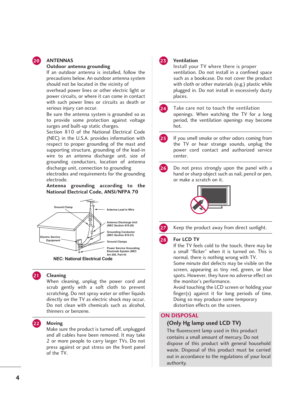 On disposal (only hg lamp used lcd tv) | LG 42LD6DDH User Manual | Page 5 / 148