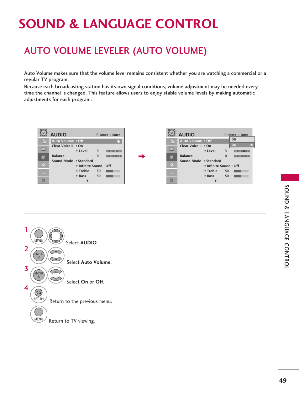 Sound & language control, Auto volume leveler (auto volume) | LG 42LD6DDH User Manual | Page 50 / 148