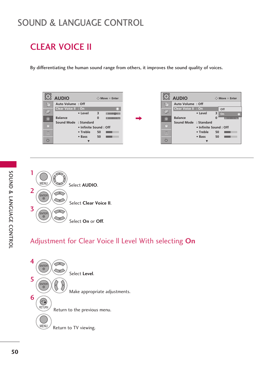 Clear voice ii, Sound & language control | LG 42LD6DDH User Manual | Page 51 / 148
