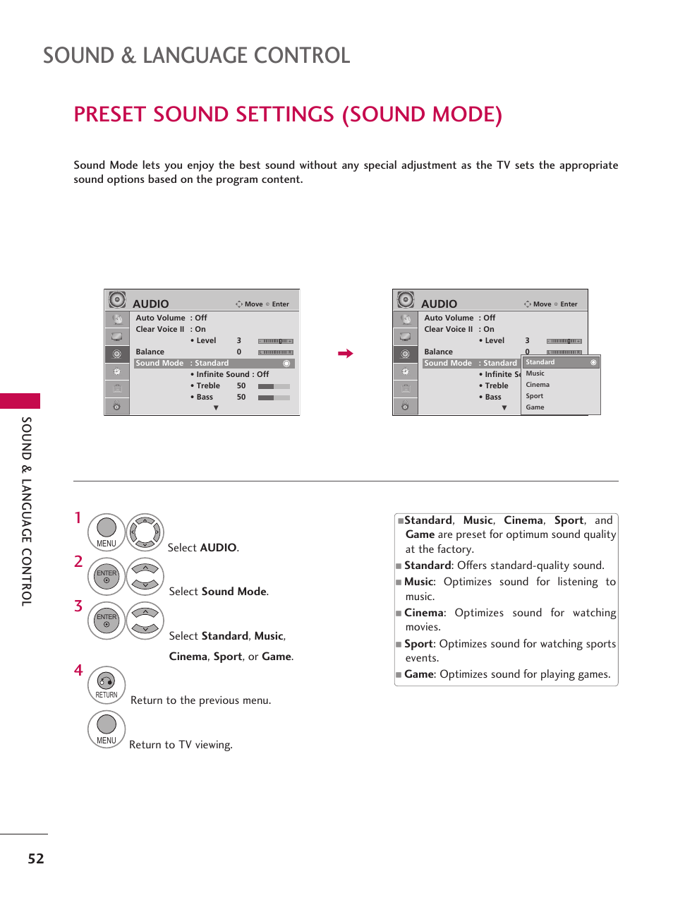Preset sound settings (sound mode), Sound & language control | LG 42LD6DDH User Manual | Page 53 / 148