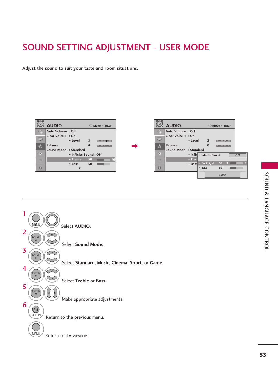 Sound setting adjustment - user mode | LG 42LD6DDH User Manual | Page 54 / 148