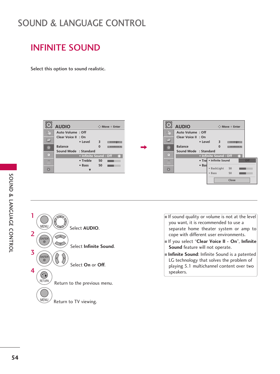 Infinite sound, Sound & language control | LG 42LD6DDH User Manual | Page 55 / 148