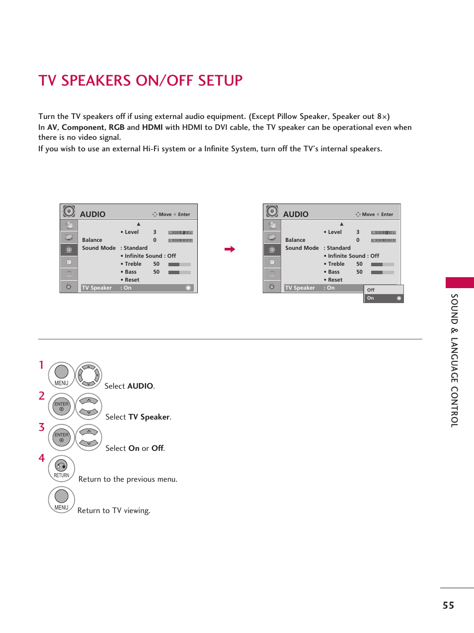 Tv speakers on/off setup | LG 42LD6DDH User Manual | Page 56 / 148