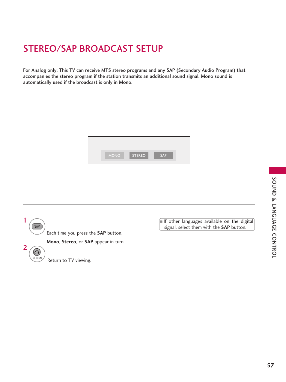 Stereo/sap broadcast setup | LG 42LD6DDH User Manual | Page 58 / 148