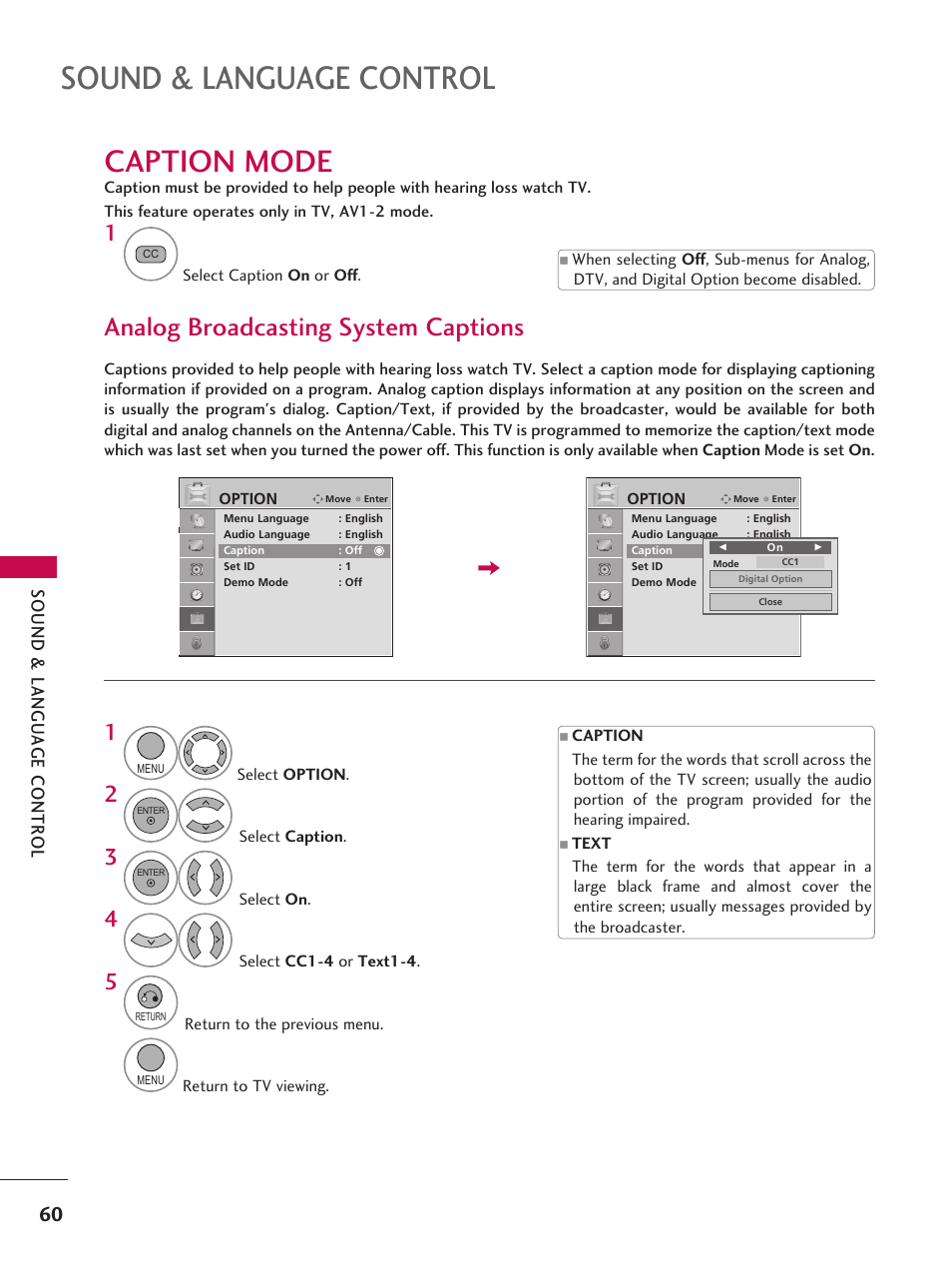 Caption mode, Analog broadcasting system captions, Sound & language control | LG 42LD6DDH User Manual | Page 61 / 148