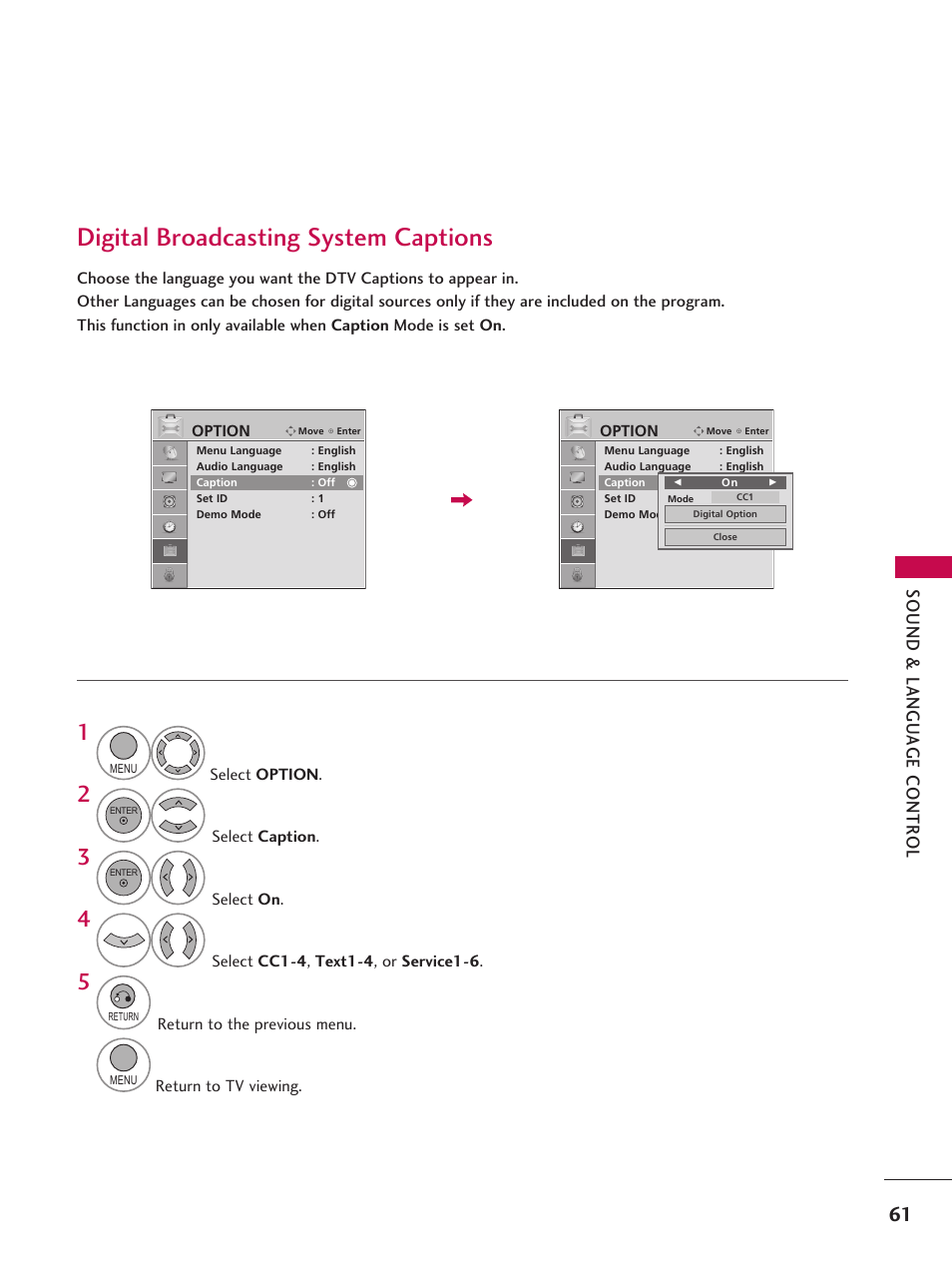 Digital broadcasting system captions | LG 42LD6DDH User Manual | Page 62 / 148