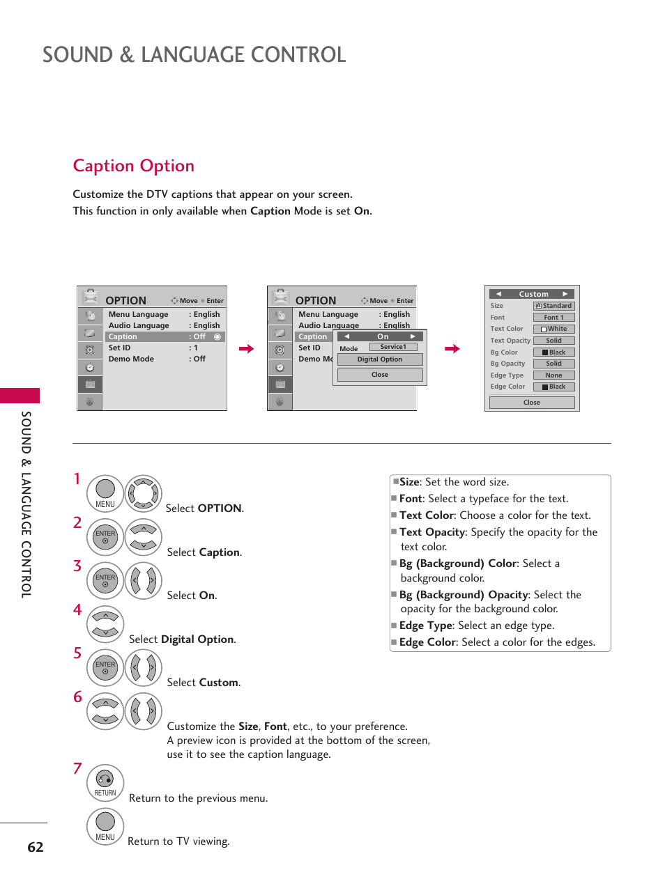 Caption option, Sound & language control | LG 42LD6DDH User Manual | Page 63 / 148