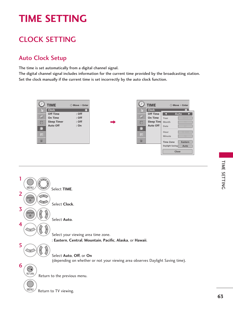 Time setting, Clock setting, Auto clock setup | Tim e s et tin g | LG 42LD6DDH User Manual | Page 64 / 148