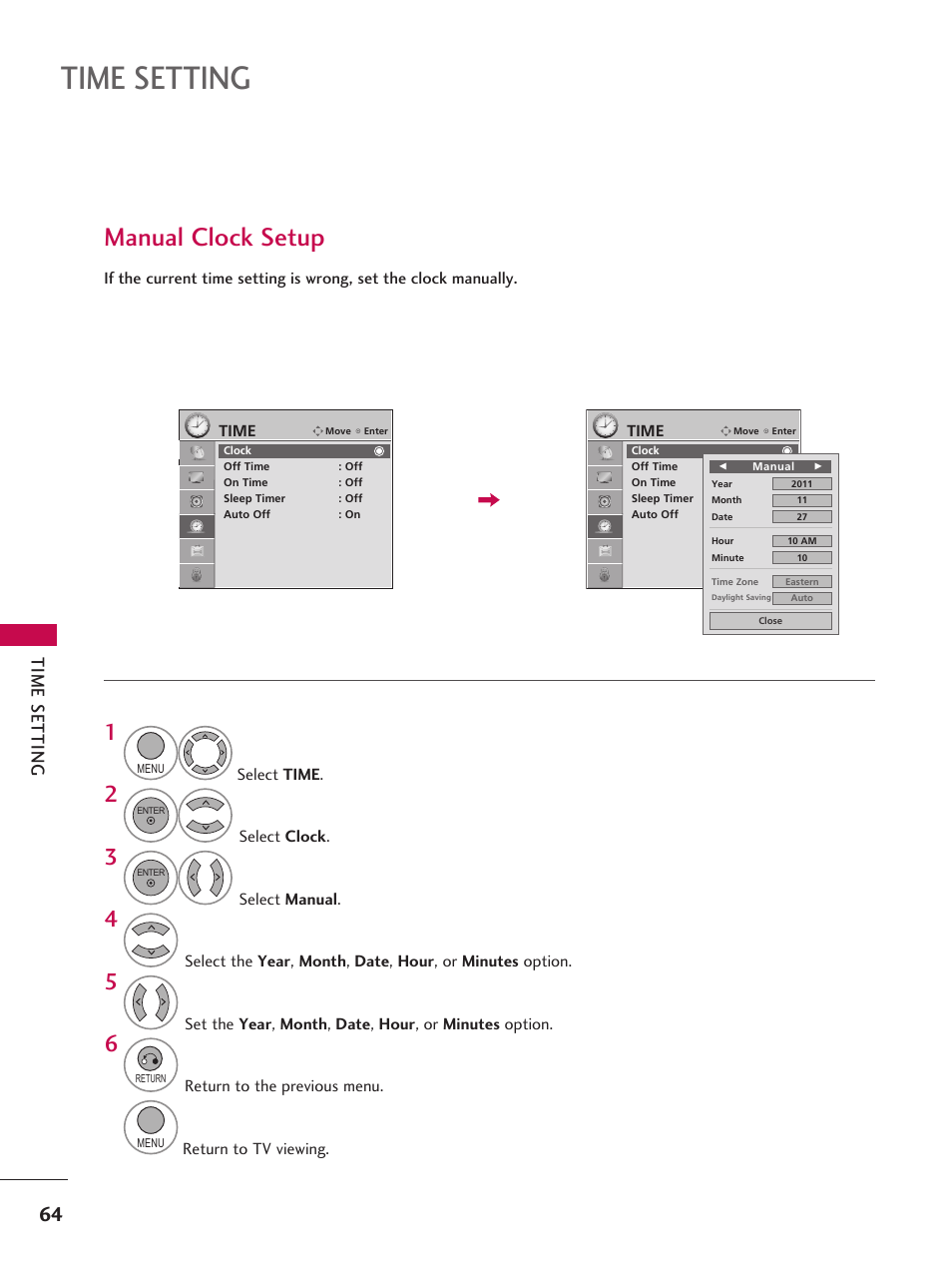 Manual clock setup, Time setting, Tim e s et tin g | LG 42LD6DDH User Manual | Page 65 / 148