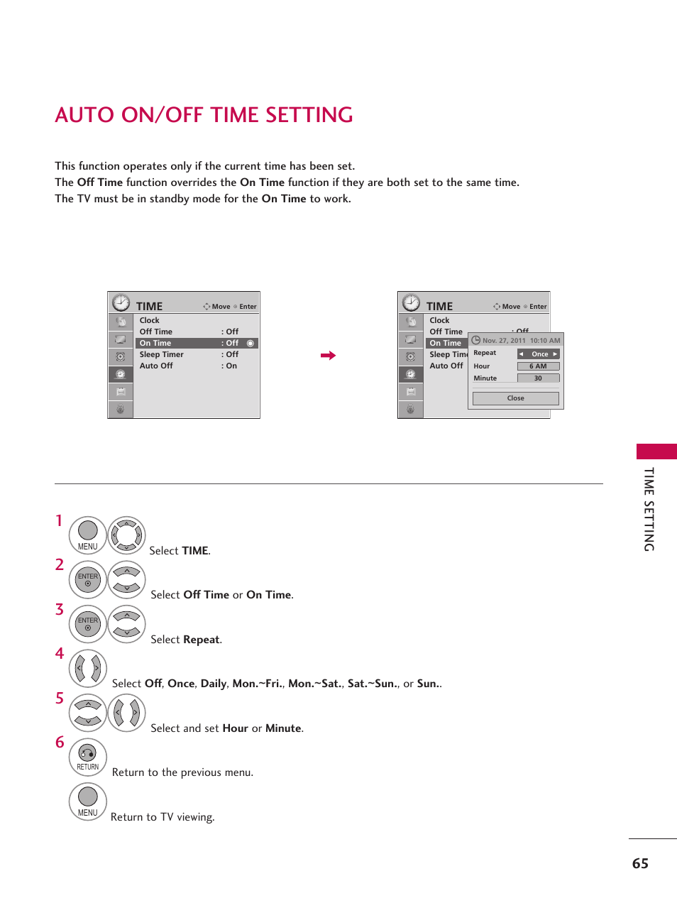 Auto on/off time setting, Tim e s et tin g | LG 42LD6DDH User Manual | Page 66 / 148