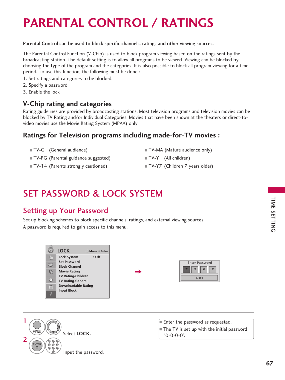 Parental control / ratings, Set password & lock system, Setting up your password | V-chip rating and categories, Tim e s et tin g | LG 42LD6DDH User Manual | Page 68 / 148