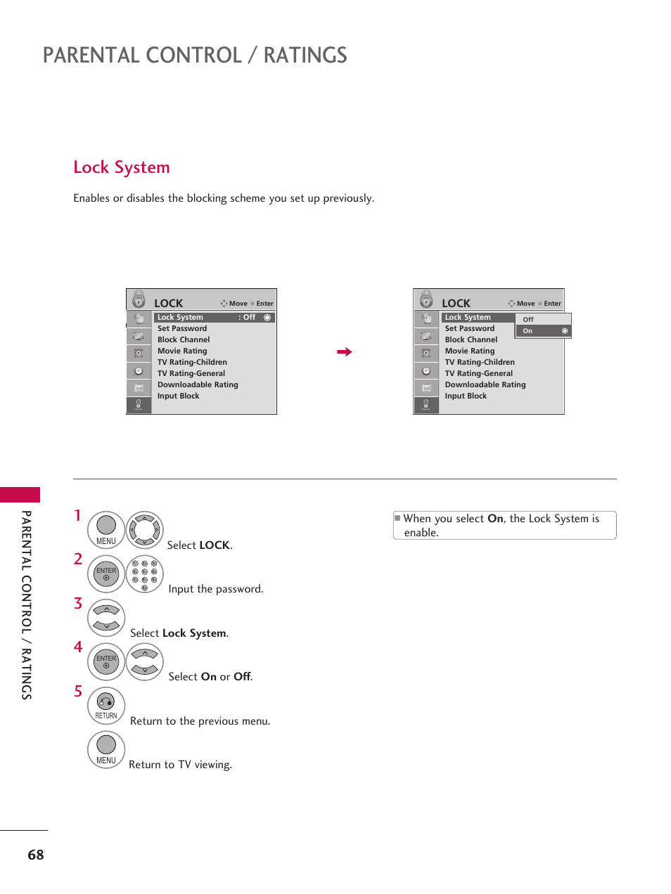 Parental control / ratings, Lock system | LG 42LD6DDH User Manual | Page 69 / 148