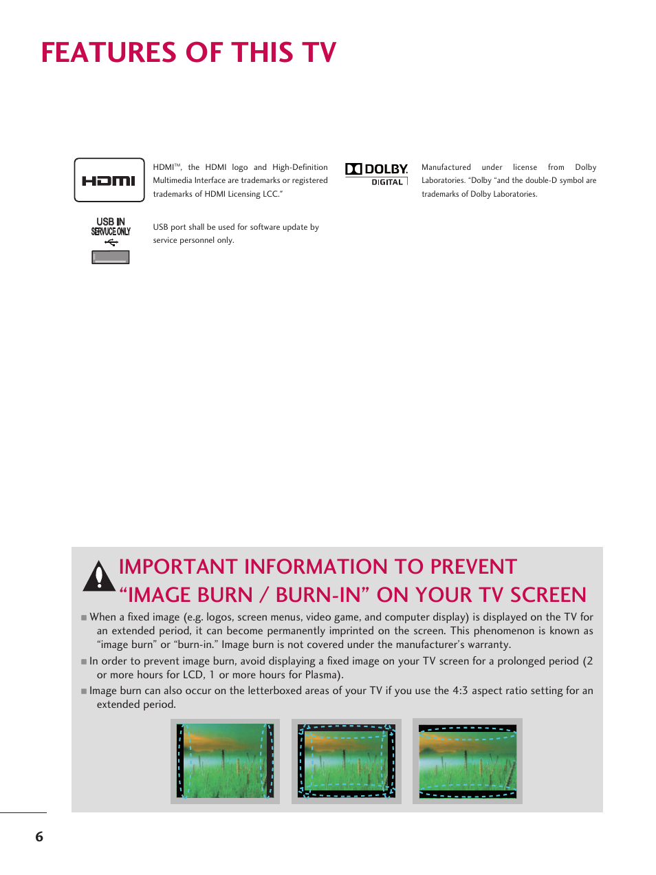 Features of this tv, Usb in servuce only | LG 42LD6DDH User Manual | Page 7 / 148
