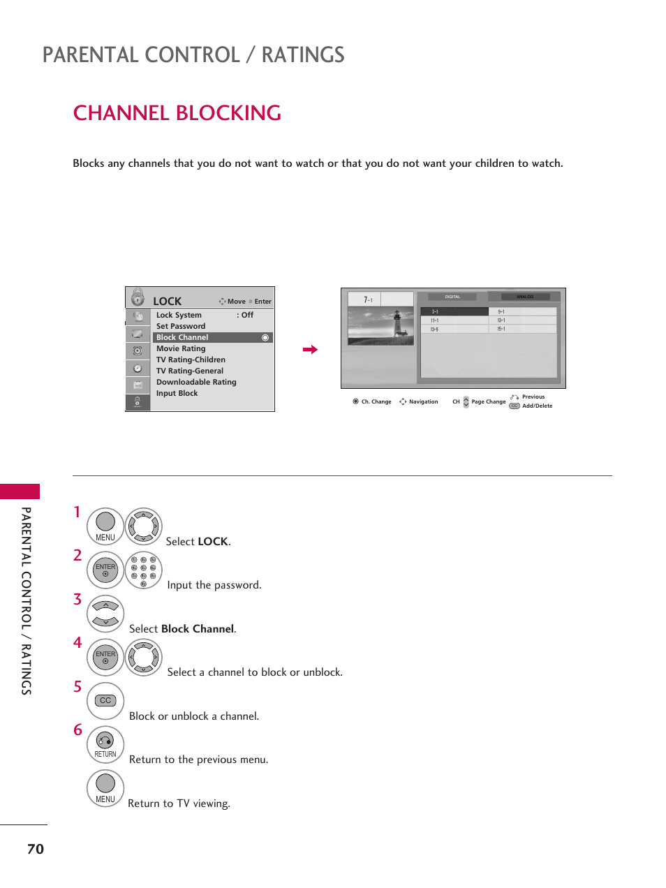 Channel blocking, Parental control / ratings | LG 42LD6DDH User Manual | Page 71 / 148