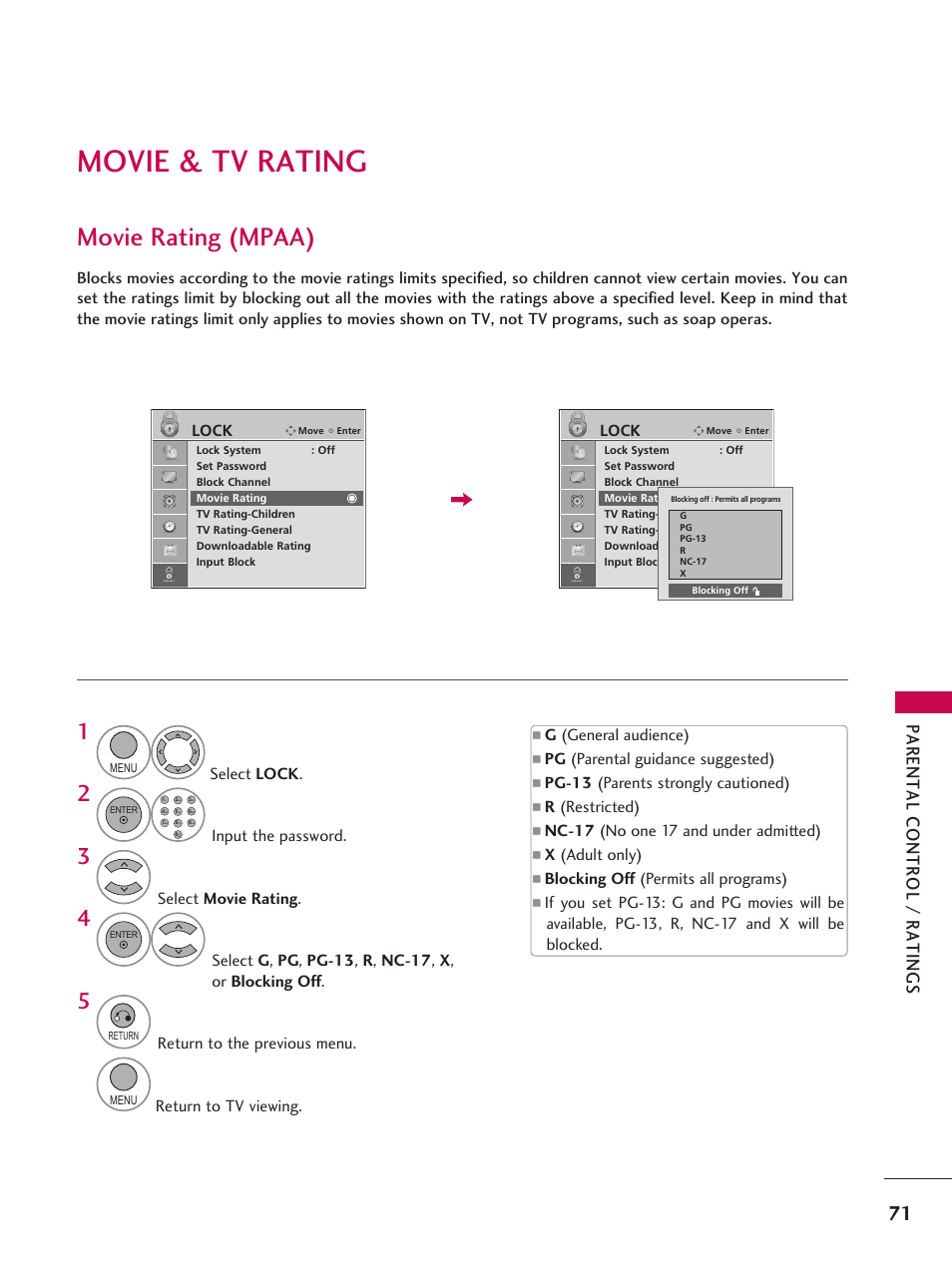 Movie & tv rating, Movie rating (mpaa) | LG 42LD6DDH User Manual | Page 72 / 148