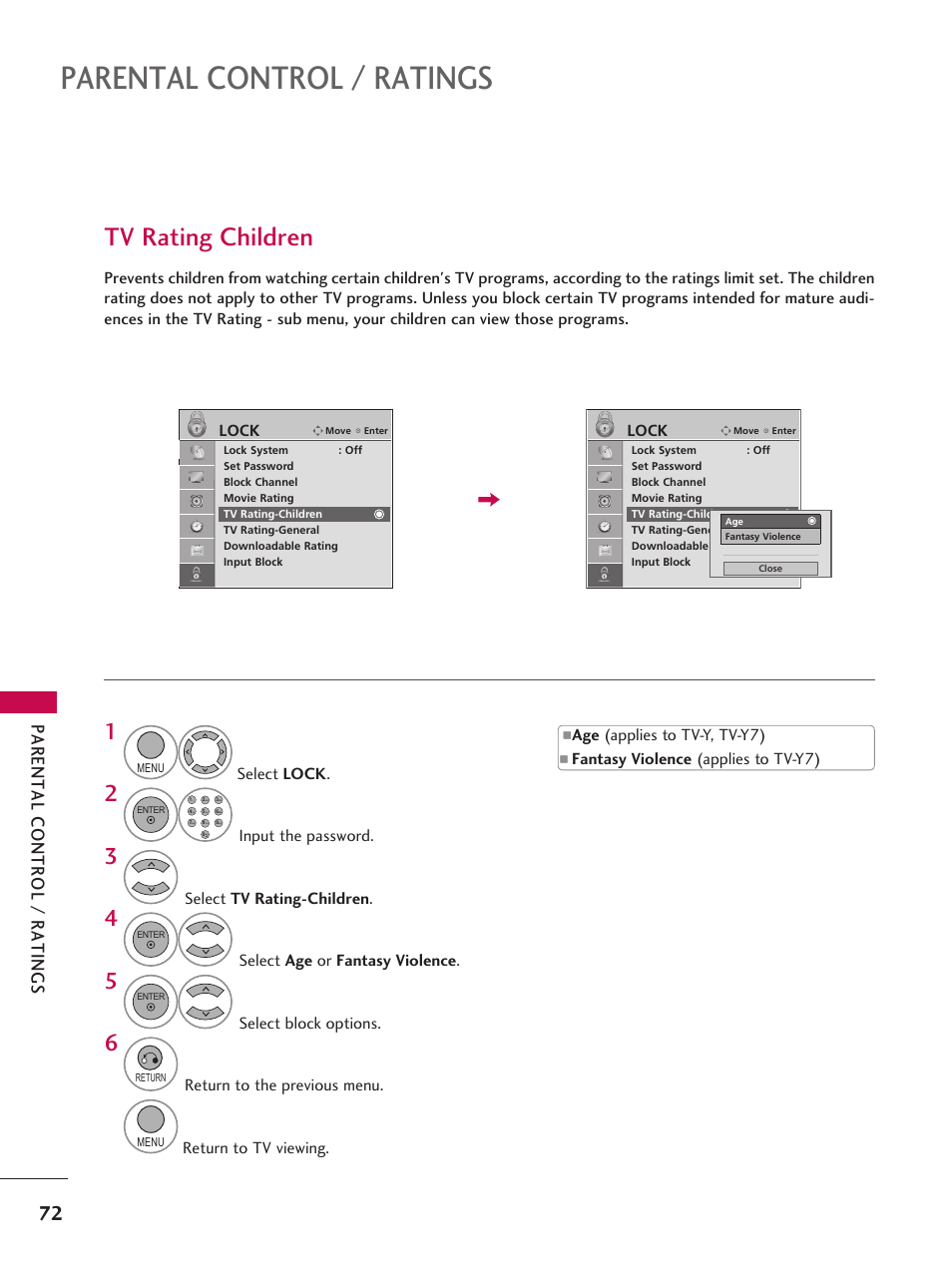 Parental control / ratings, Tv rating children | LG 42LD6DDH User Manual | Page 73 / 148