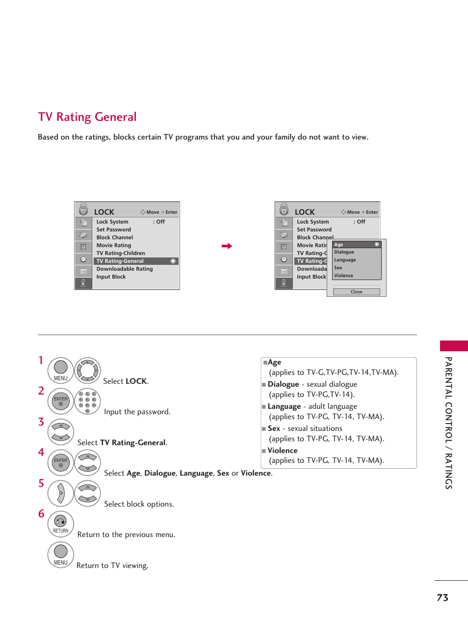 Tv rating general | LG 42LD6DDH User Manual | Page 74 / 148