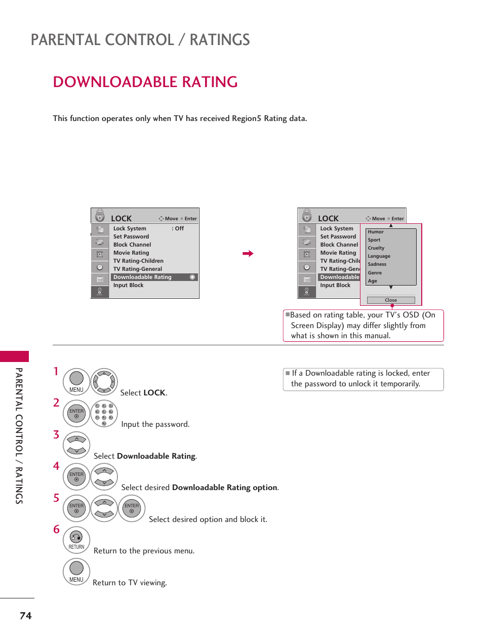 Downloadable rating, Parental control / ratings | LG 42LD6DDH User Manual | Page 75 / 148