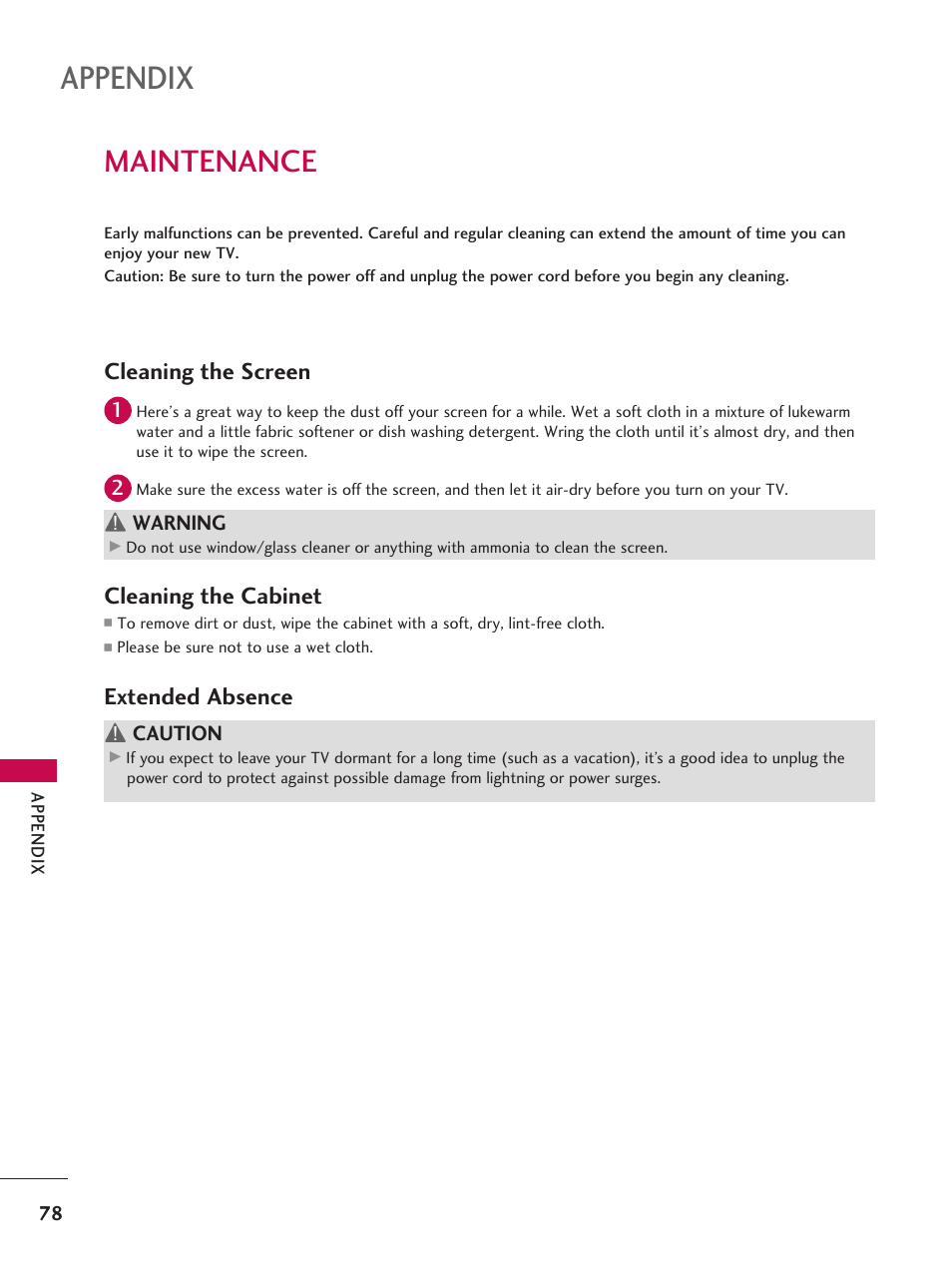 Maintenance, Appendix, Cleaning the screen | Cleaning the cabinet, Extended absence | LG 42LD6DDH User Manual | Page 79 / 148