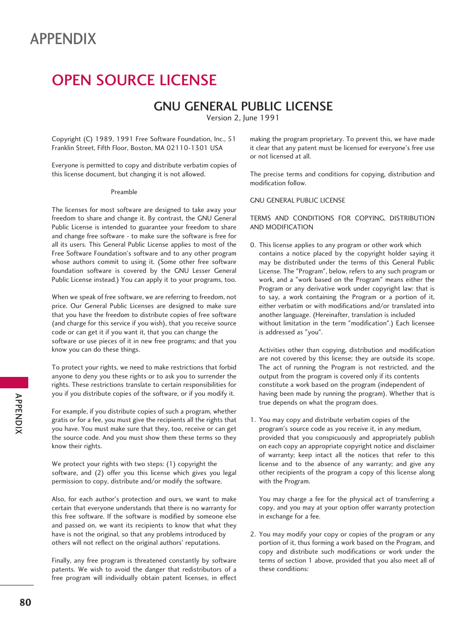 Open source license, Appendix, Gnu general public license | LG 42LD6DDH User Manual | Page 81 / 148