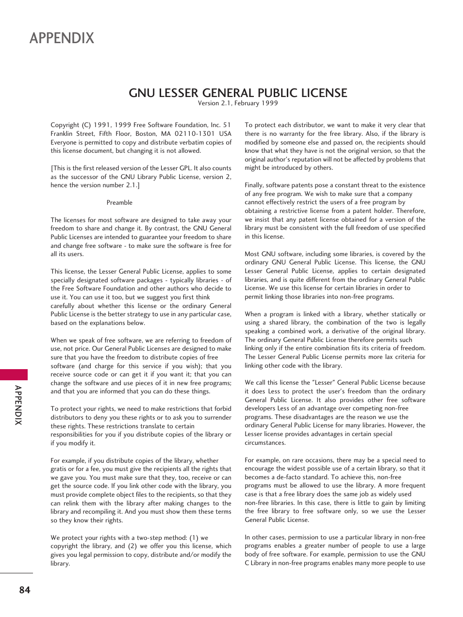 Appendix, Gnu lesser general public license | LG 42LD6DDH User Manual | Page 85 / 148