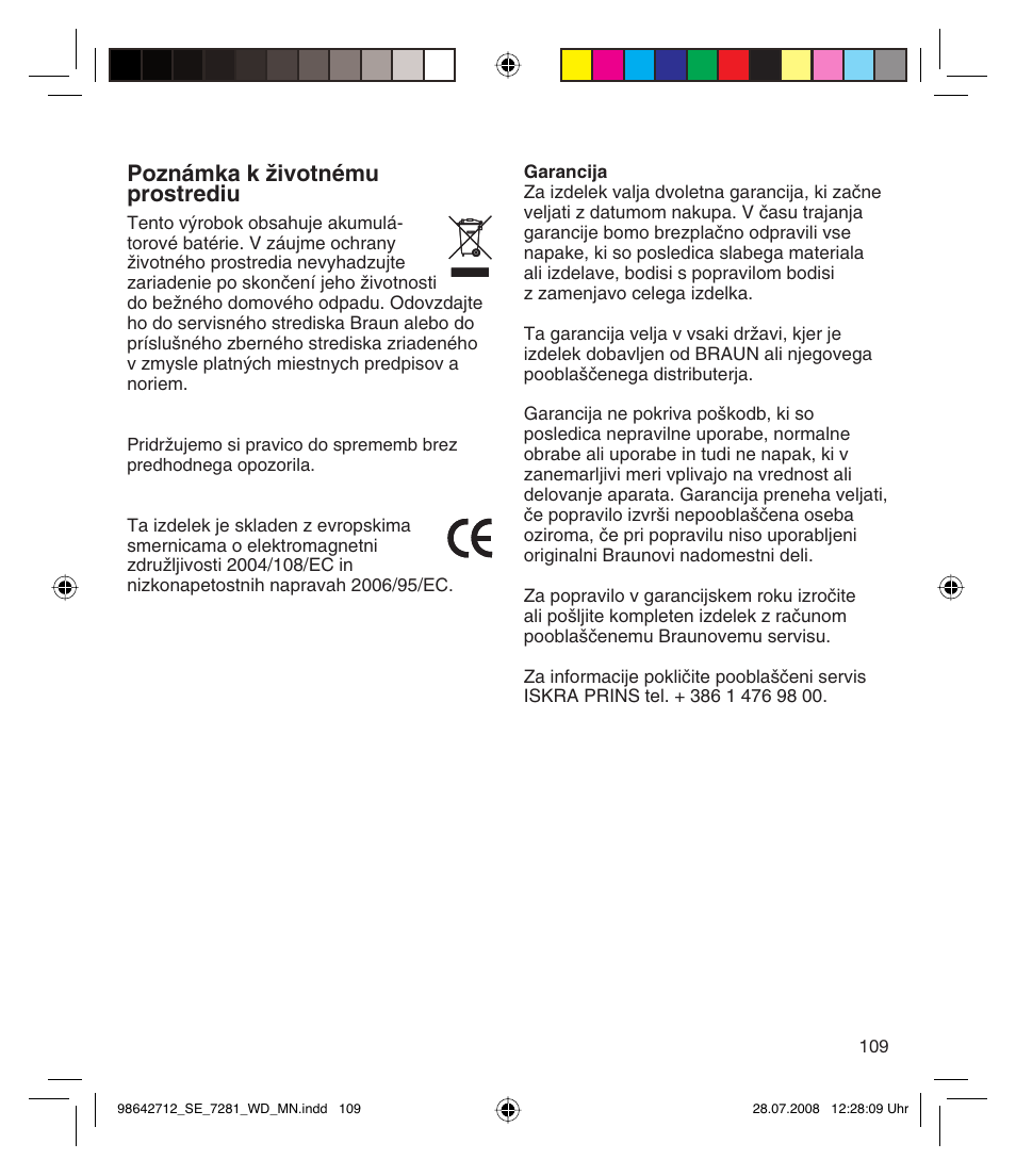 Poznámka k ïivotnému prostrediu | Braun 7281 User Manual | Page 109 / 109