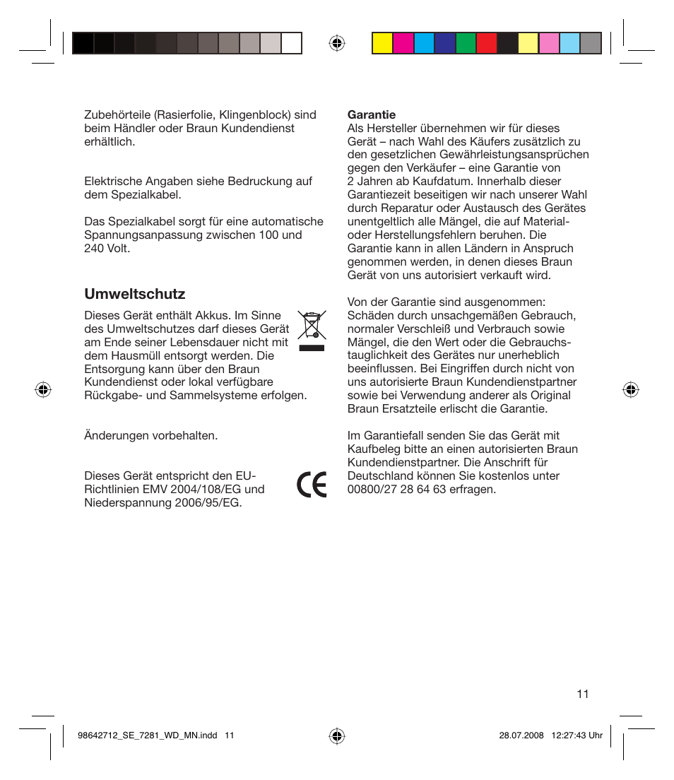 Umweltschutz | Braun 7281 User Manual | Page 11 / 109