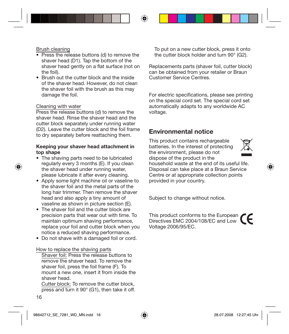 Environmental notice | Braun 7281 User Manual | Page 16 / 109