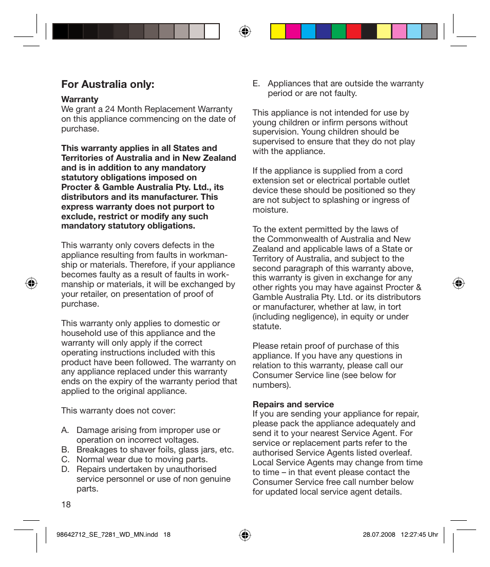 For australia only | Braun 7281 User Manual | Page 18 / 109