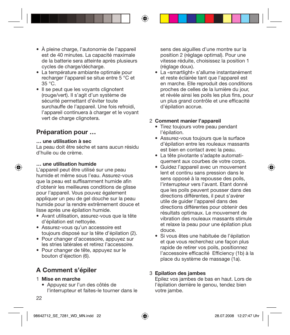 Préparation pour, A comment s’épiler | Braun 7281 User Manual | Page 22 / 109
