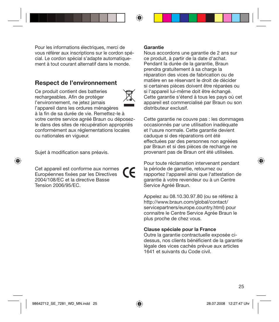Respect de l’environnement | Braun 7281 User Manual | Page 25 / 109