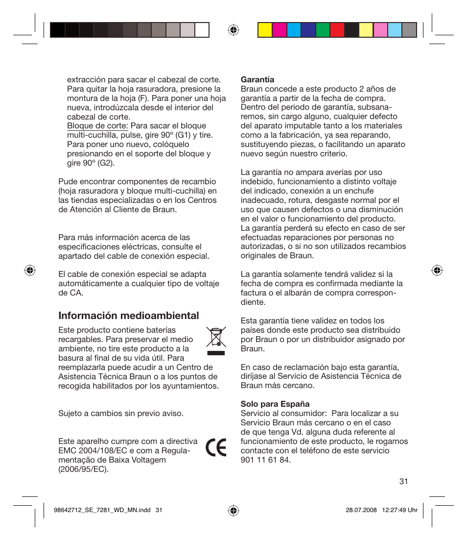 Información medioambiental | Braun 7281 User Manual | Page 31 / 109