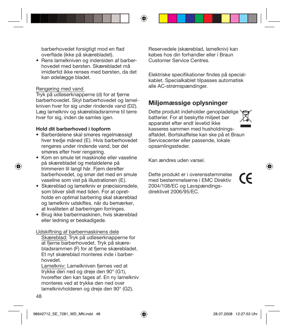 Miljømæssige oplysninger | Braun 7281 User Manual | Page 48 / 109