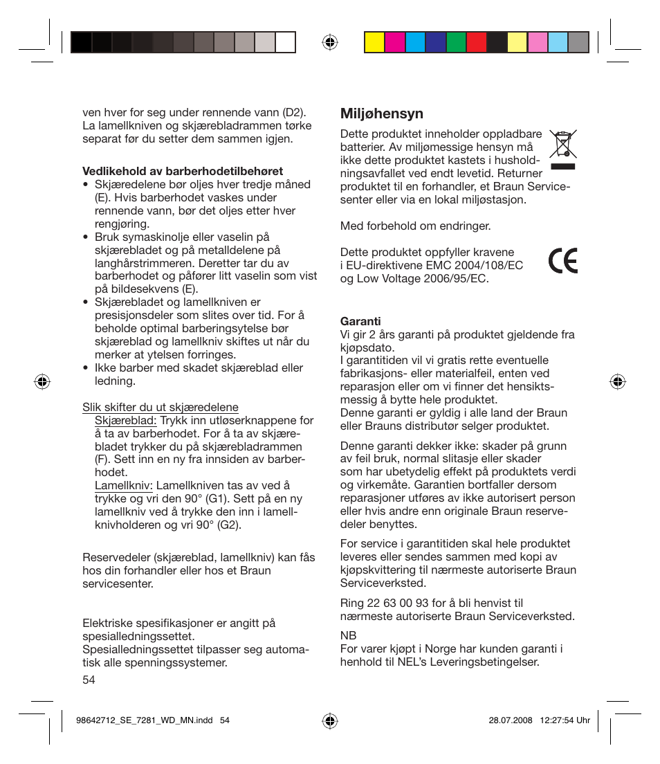 Miljøhensyn | Braun 7281 User Manual | Page 54 / 109