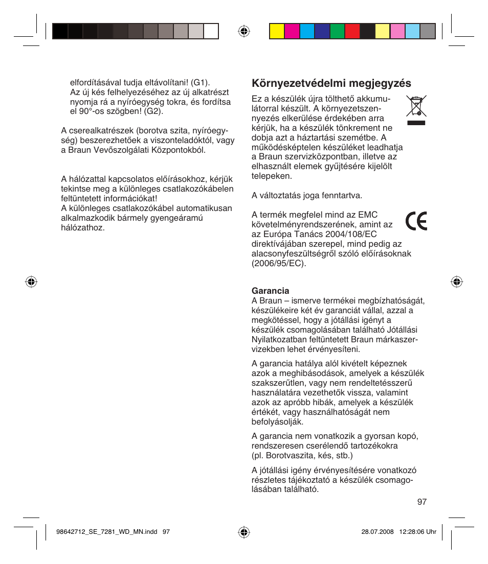 Környezetvédelmi megjegyzés | Braun 7281 User Manual | Page 97 / 109