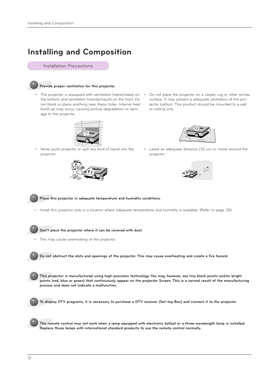 Installing and composition, Installation precautions | LG CF3D User Manual | Page 12 / 40