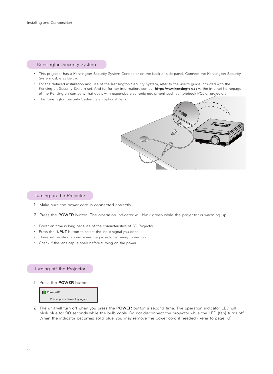 Kensington security system, Turning on the projector, Turning off the projector | LG CF3D User Manual | Page 14 / 40