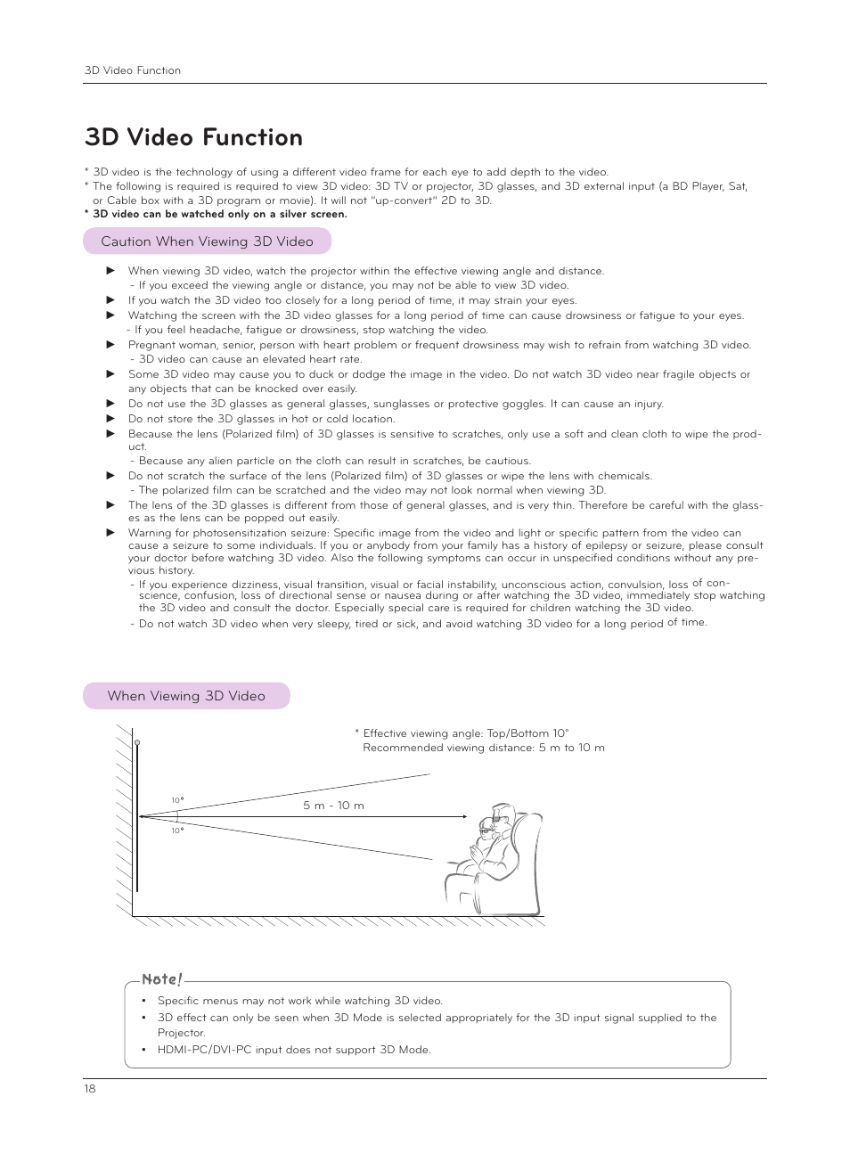 3d video function, Caution when viewing 3d video, When viewing 3d video | LG CF3D User Manual | Page 18 / 40