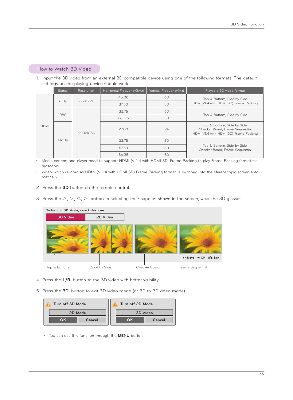 How to watch 3d video | LG CF3D User Manual | Page 19 / 40