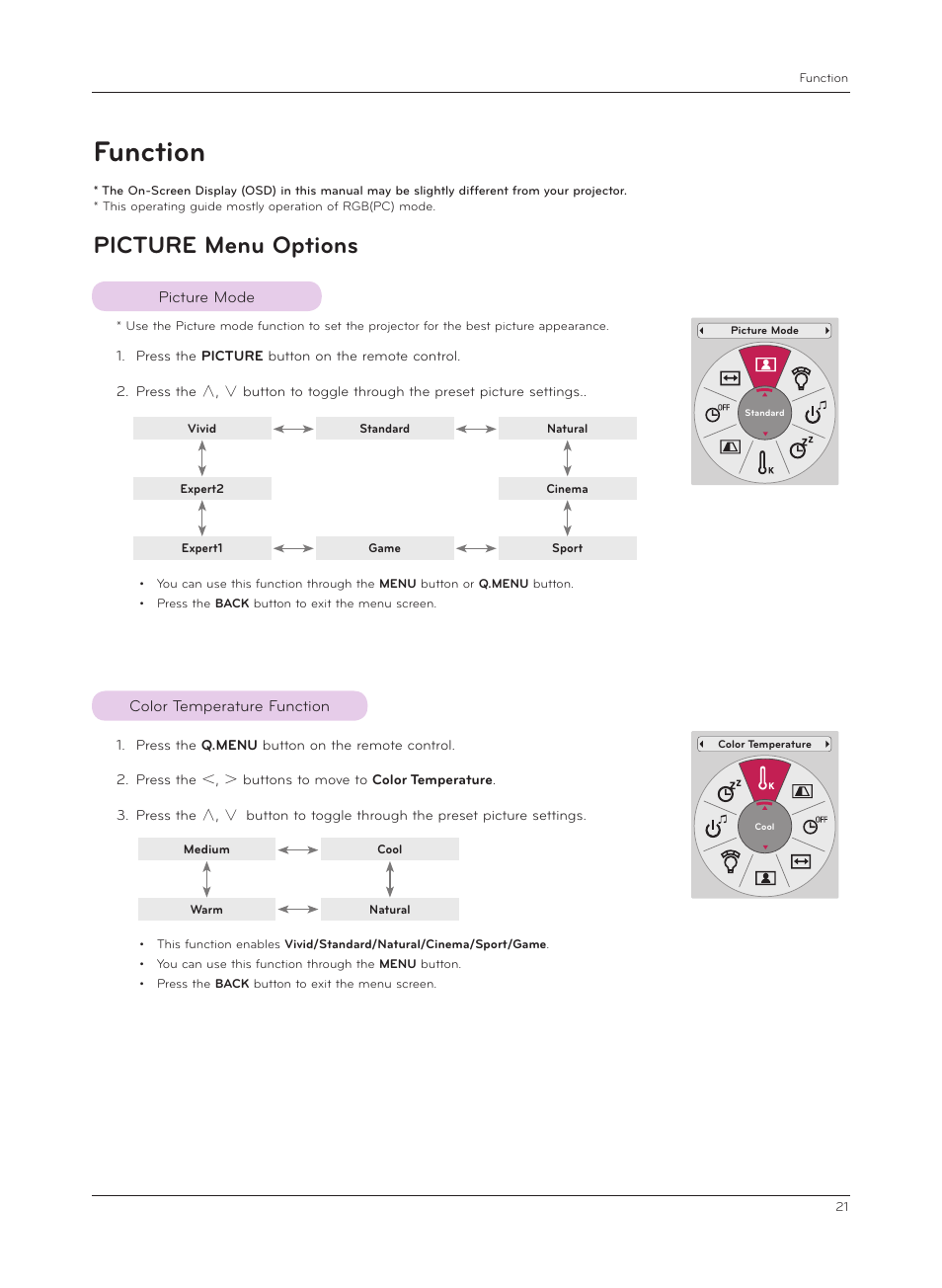 Function, Picture menu options, Picture mode | Color temperature function | LG CF3D User Manual | Page 21 / 40